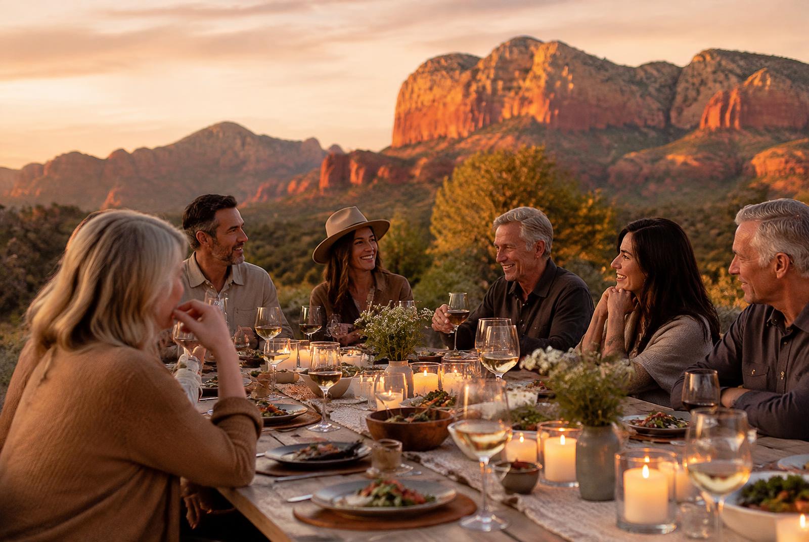 Guests sharing dinner at a long table at golden hour