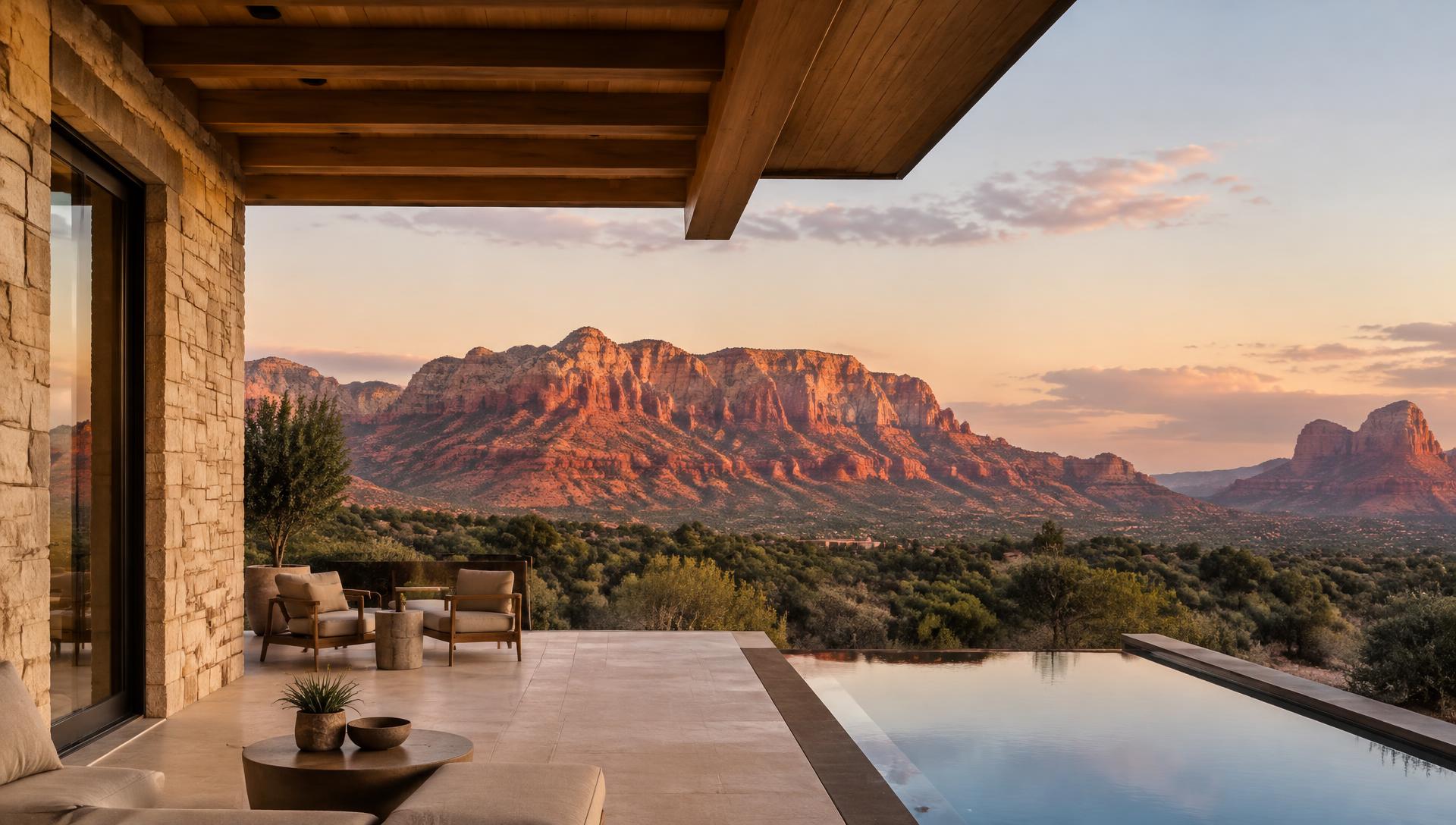 Stone and timber terrace looking out to Sedona's red rocks at dusk